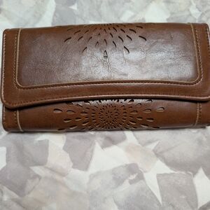 Aphison Brown Laser-Cut Trifold Wallet - Women's Faux Leather Organizer